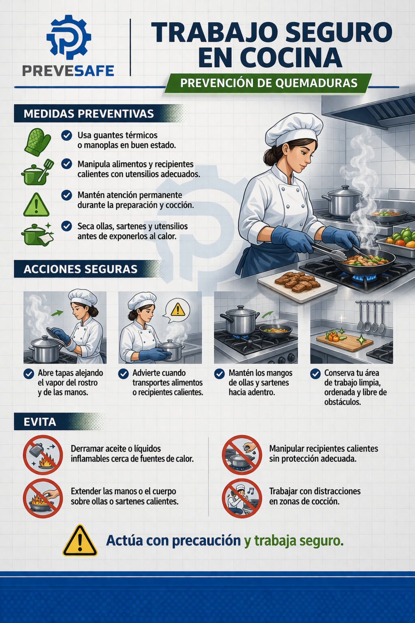 Infografía sobre trabajo seguro en cocina y prevención de quemaduras.