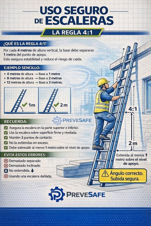 Este recurso visual explica la regla 4:1 para la correcta instalación de escaleras: por cada 4 metros de altura vertical, la base debe separarse 1 metro de la estructura de apoyo. Además, refuerza medidas preventivas como asegurar la escalera en su parte 